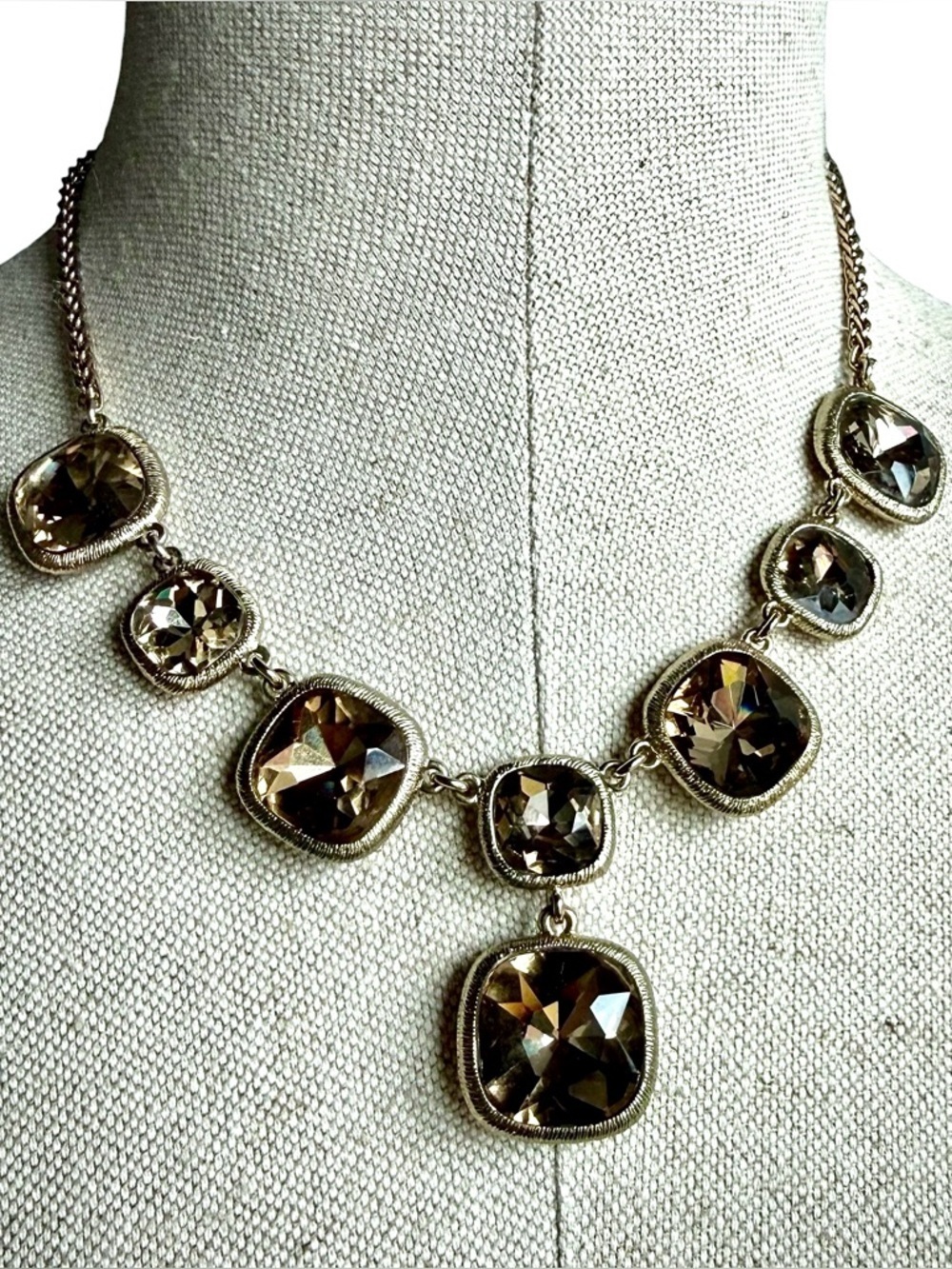 MONET Smoky Crystal Statement Necklace Gold Tone Signed Bib Designer